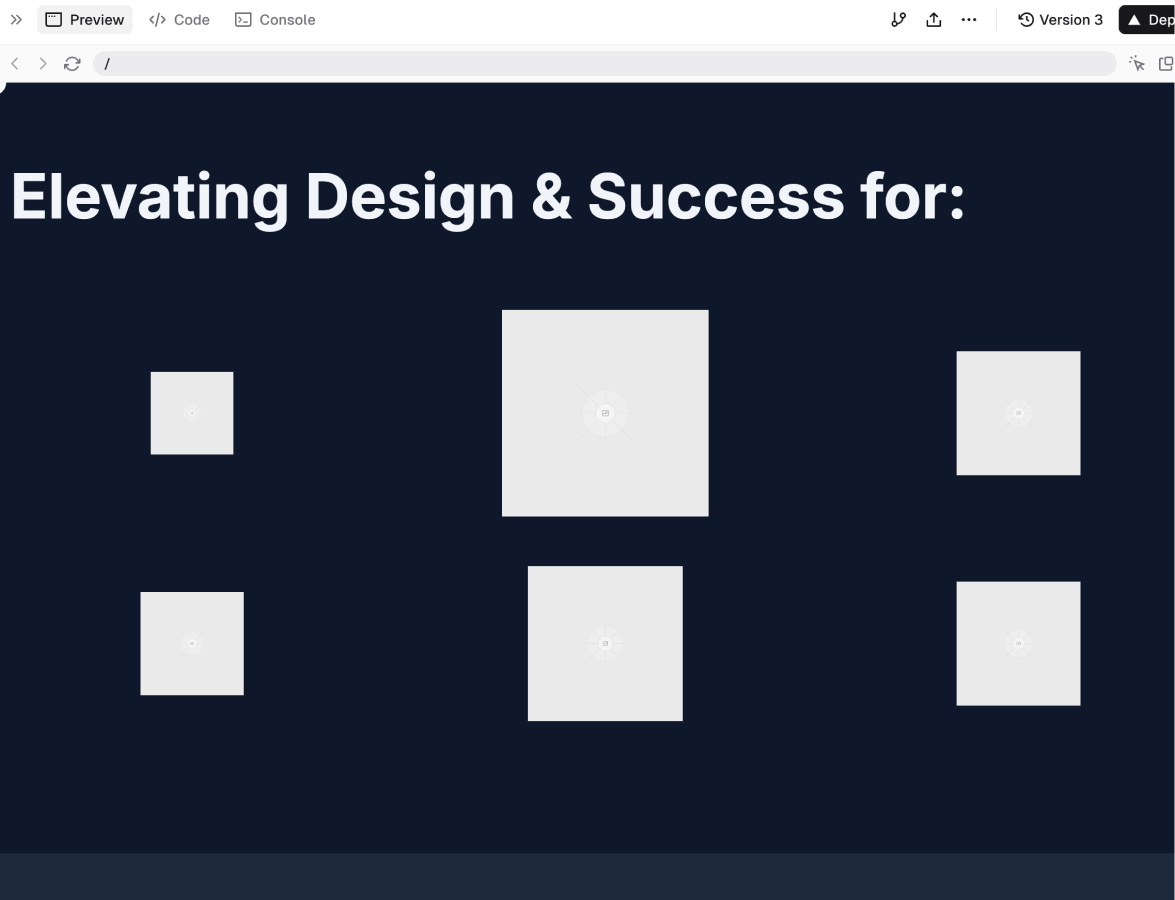 Dark blue portfolio with 'Elevating Design & Success for:' heading and grid layout
