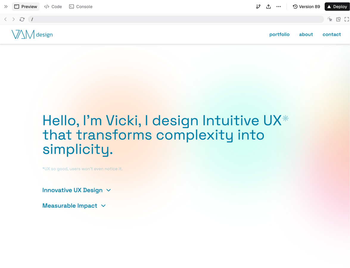 Portfolio with gradient background and 'Hello, I'm Vicki, I design Intuitive UX' heading