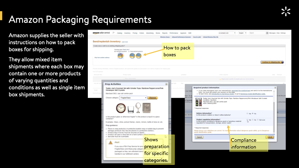 Amazon's packaging requirements interface showing box packing instructions and compliance information
