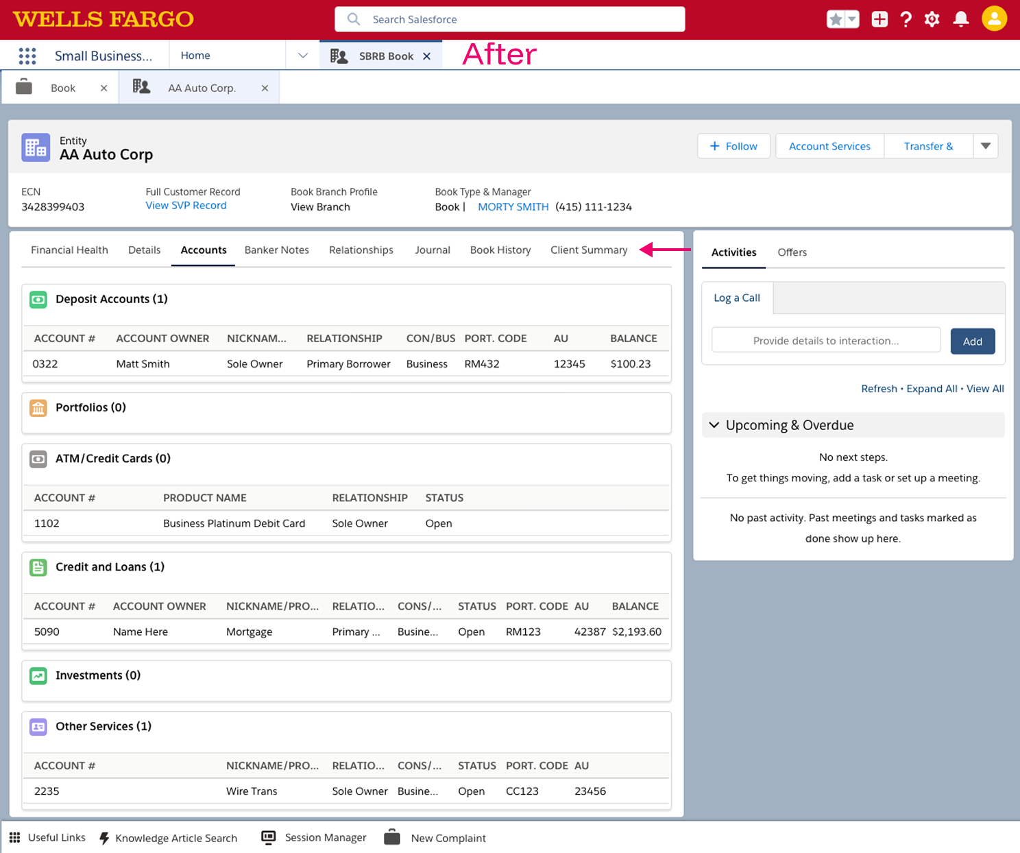 Modern Wells Fargo Customer 360 view with tabbed interface and clear data organization