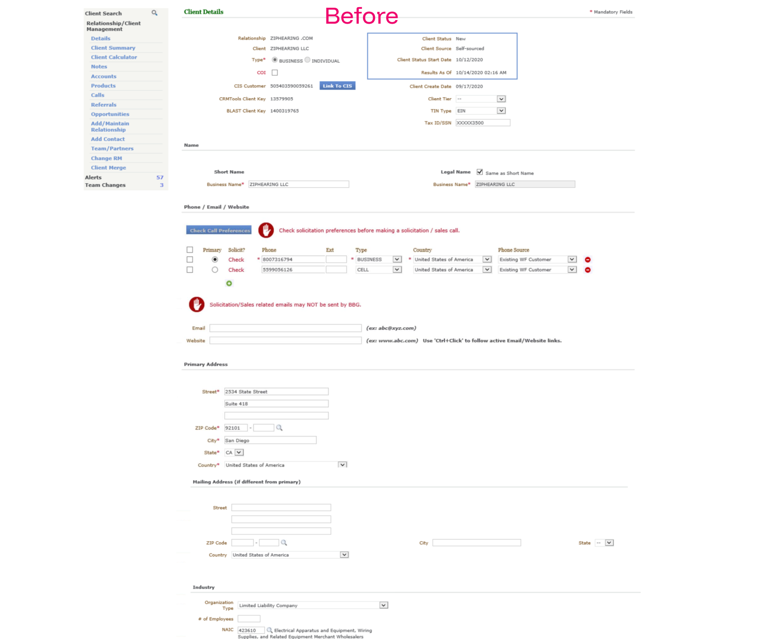 Legacy Wells Fargo client details interface with complex form fields