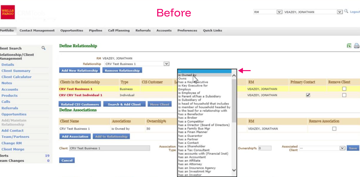 Legacy relationship management interface with complex dropdown menus