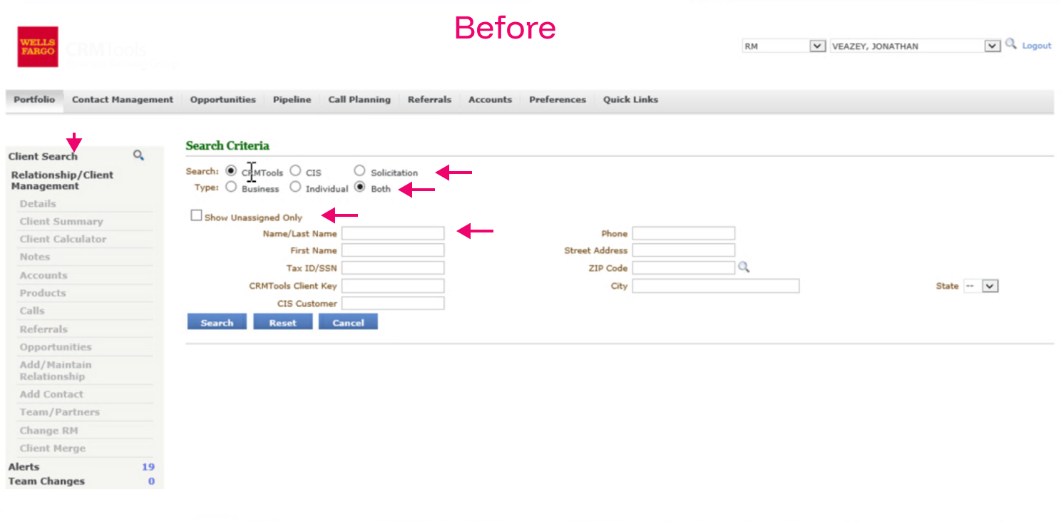 Legacy navigation interface showing complex menu structure and search options